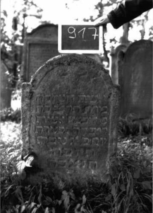 Grabstein 917 (Index: 100103789) Material: Sandstein Zustand: angewittert Maße HxBxT: 87x57x10 cm Beschreibung: Stele, eingezogener Rundbogenabschluss, Schriftfeld eingetieft: Grabstein 917