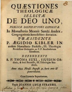 Quaestiones theologicae selectae de Deo uno