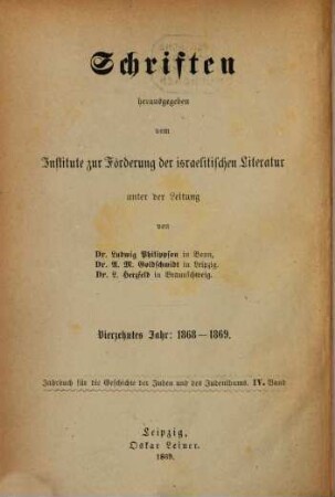 Jahrbuch für die Geschichte der Juden und des Judenthums, 4. 1869