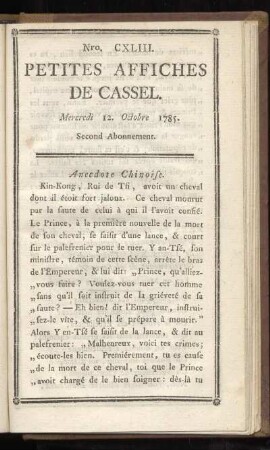 No CXLIII (Mercredi 12. Octobre 1785)