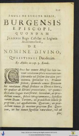 Pauli De Sancta Martia, Burgensis Episcopi, Quondam Joannis Regis Castellae ac Legionis Archicancellarii, De Nomine Divino, Quaestiones Duodecim.