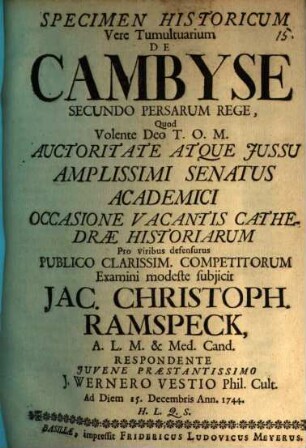 Specimen hist. de Cambyse, secundo Persarum rege