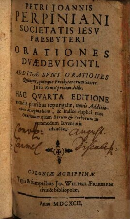 Orationes duaedeviginti : Additae sunt orationes quinque, quinque presbyterorum Soc. Iesu Roma pridem dicta