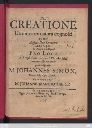 De Creatione : Utrum ea ex natura cognosci queat?