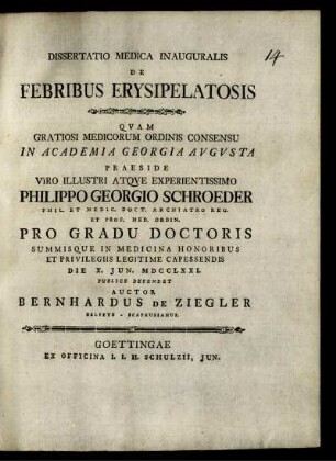 Dissertatio Medica Inauguralis De Febribus Erysipelatosis