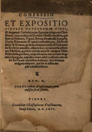 Confessio et expositio simplex orthodoxae fidei ...