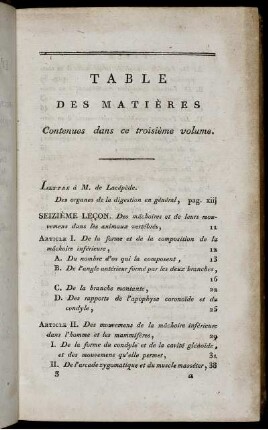 Table des Matiéres Contenues dans ce troisiéme volume.