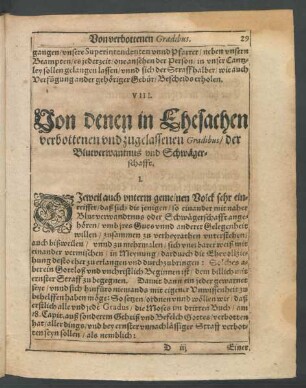 VIII. Von denen in Ehesachen verbottenen und zugelassenen Gradibus/ der Blutsverwantnus und Schwägerschafft.