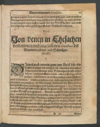 VIII. Von denen in Ehesachen verbottenen und zugelassenen Gradibus/ der Blutsverwantnus und Schwägerschafft.