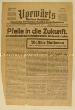 Titelblatt des Zentralorgans der SPD "Vorwärts" zum Wirtschaftsprogramm der Gewerkschaften und zum Gedenken an Rathenau