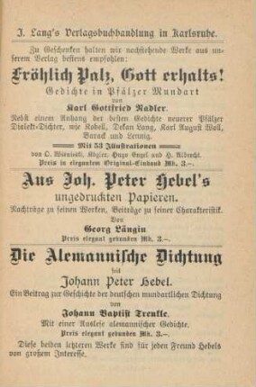 J. Lang's Verlagsbuchhandlung in Karlsruhe ...