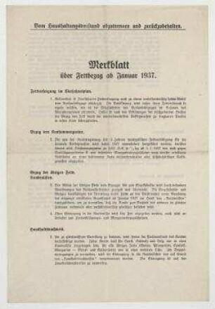 Merkblatt über Fettbezug ab Januar 1937