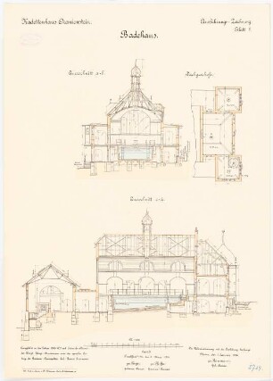 Kadettenhaus, Oranienstein: Badehaus: Grundriss Dachgeschoss, Längsschnitt, Querschnitt 1:100