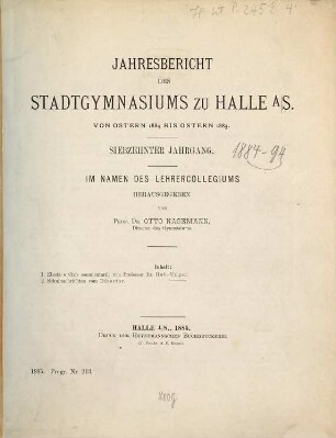 Jahresbericht des Stadtgymnasiums zu Halle : von Ostern ... bis Ostern .... 1884/85