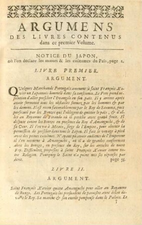 Argumens des livres contenus dans ce premier volume
