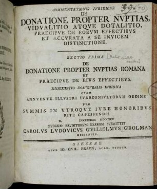 1: De Donatione Propter Nvptias Romana Et Praecipve De Eivs Effectibvs. Dissertatio Inavgvralis Ivridica