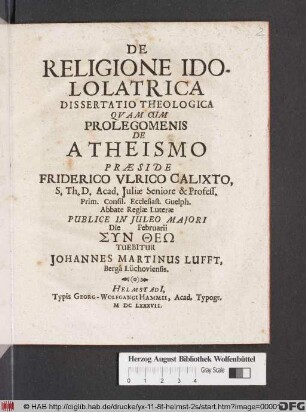 De Religione Idololatrica Dissertatio Theologica