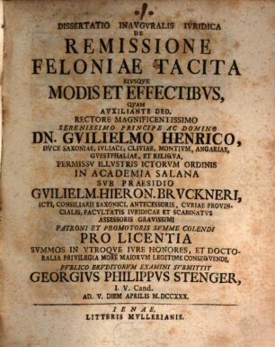 Dissertatio Inavgvralis Ivridica De Remissione Feloniae Tacita Eivsqve Modis Et Effectibvs