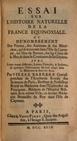 Essai sur l'histoire naturelle de la France equinoxiale : Ou d'enombrement des plantes, des animaux ...