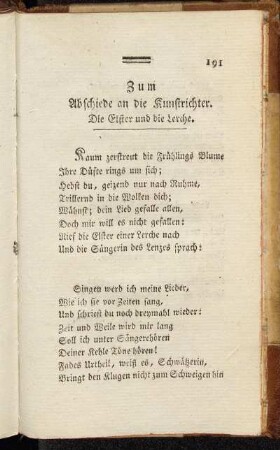 Zum Abschiede an die Kunstrichter. Die Elster und die Lerche.