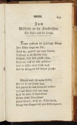 Zum Abschiede an die Kunstrichter. Die Elster und die Lerche.
