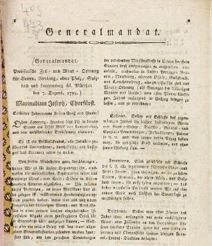 Generalmandat : Provisorische Zoll- und Maut-Ordnung für Baiern, Neuburg, obere Pfalz, Sulzbach und Leuchtenberg dd. München den 7. Dezemb. 1799