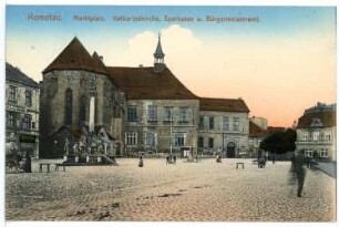 Komotau. Markt,Katharinakirche,Sparkasse, Bürgermeisteramt