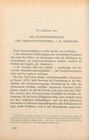 194 - 222 Die Eigenständigkeit der Erkenntnistheorie J. H. Newmans