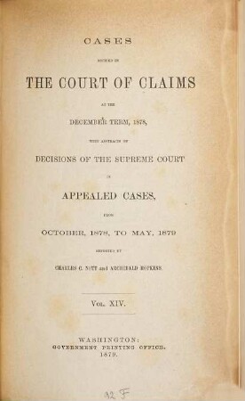 Cases decided in the United States Court of Claims. 14. 1878/79, Oct. - May. - 1879