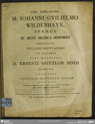 Viro Amplissimo M. Johanni Guilielmo Wildenhayn, Summos In Arte Medica Honores Gratulatur Collegii Disputatorii