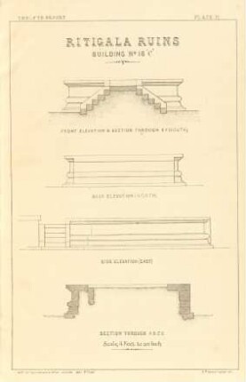 Plate H. Ritigala ruins. Building No. 16 "C" . Front elevation & section through E. F. (south). Back elevation (north). Side elevation (east).