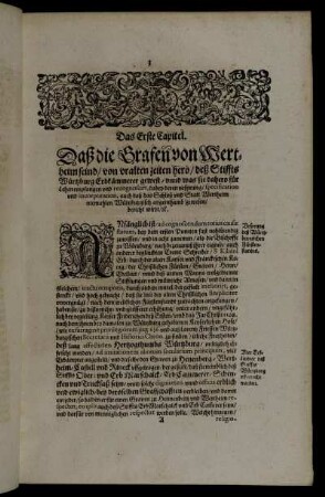 Das Erste Capitel. Daß die Grafen von Wertheim seind/ von uralten zeiten hero/ deß Stiffts Würtzburg Erkämmerer gewest [...]