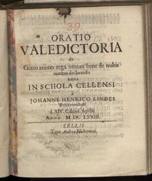 Oratio Valedictoria de Grato animo erga omnes bene de nobis meritos declarando