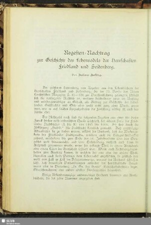 Regesten-Nachtrag zur Geschichte des Lehensadels der Herrschaften Friedland und Seidenberg