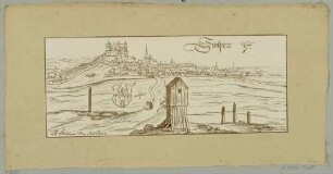Stadtansicht mit Burg Stolpen in der Sächsischen Schweiz von Nordosten, nach einer Federzeichnung von Wilhelm Dilich von 1630 oder 1637, aus Bergblumen, illustrierte Heimatkundeblätter des Gebirgsvereins Sächsische Schweiz