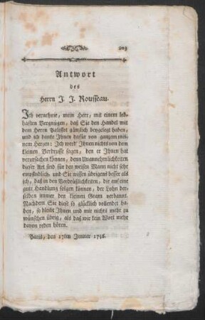Antwort des Herrn J. J. Rousseau
