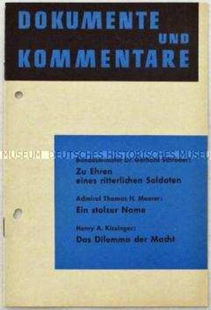 Beilage zur Monatsschrift "Information für die Truppe" u.a. mit einer Taufrede des Verteidigungsministers Gerhard Schröder anlässlich des Stapellaufs des Lenkwaffenzerstörers "Rommel" am 1. Februar 1969 in den USA