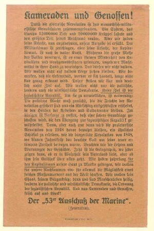 Kameraden und Genossen! Ziel des 53er Ausschußes der Marine ist eine sozialistische Republik.