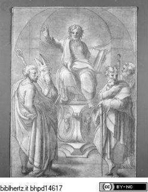 Thronender Christus mit vier Aposteln