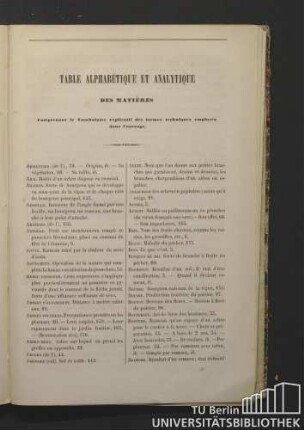 Table alphabétique et analytique des matières comprenant le vocabulaire explicatif des termes techniques employés dans l'ouvrage.