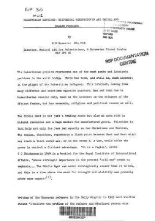 Palestinian refugees : historical perspectives and social and health problems