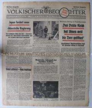 Tageszeitung "Völkischer Beobachter" u.a. über den Staatsbesuch des jugoslawischen Ministerpräsidenten Stojadinowitsch und die Regierungskrise in Frankreich
