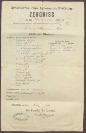 Zeugnis von Constantin Fehrenbach für das Wintersemester 1870/71