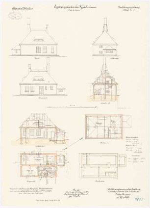 Kadettenhaus der Garnison Potsdam Ergänzungsbauten: Backhaus: Grundriss Fundamente, Erdgeschoss, Dachgeschoss, Aufriss Nordansicht, Südansicht, Ostansicht, Längsschnitt, Querschnitt 1:100
