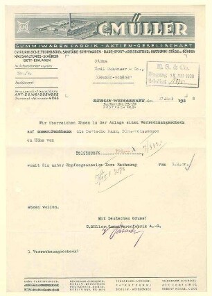 Brief - von C. Müller an Firma Emil Schirmer & Co., Siegmar-Schöna