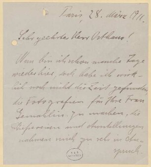 Brief von Wilhelm Lehmbruck an Karl Ernst Osthaus - BSB Autogr. Lehmbruck, Wilhelm