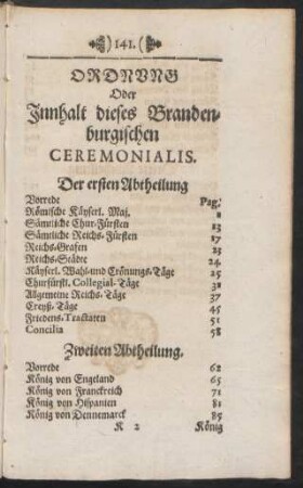 Ordnung Oder Innhalt dieses Brandenburgischen Ceremonialis.