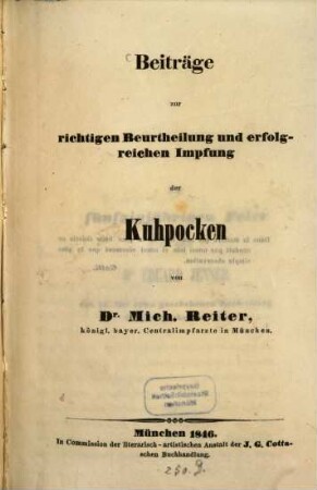 Beiträge zur richtigen Beurtheilung und erfolgreichen Impfung der Kuhpocken