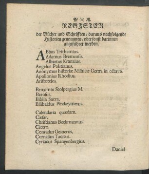 Register der Bücher und Schrifften / daraus nachfolgende Historien genommen / oder sonst darinnen angeführet werden