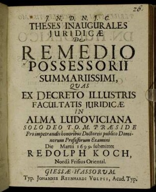 Theses Inaugurales Iuridicae De Remedio Possessorii Summariissimi